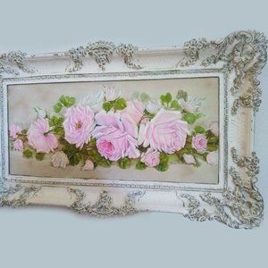 Vintage Large French Scrolls Ornate Picture Frame with Pink Roses Canvas Print